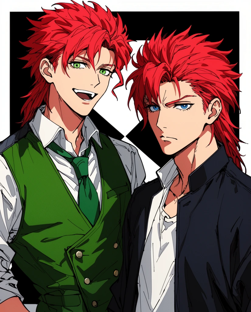 Two anime-style men with spiky red hair stand against a geometric black and white background. The left figure smiles broadly with green eyes in a green vest. The right figure has a serious expression, blue eyes, and a dark jacket. Artwork features crisp cel shading and distinct black line art.