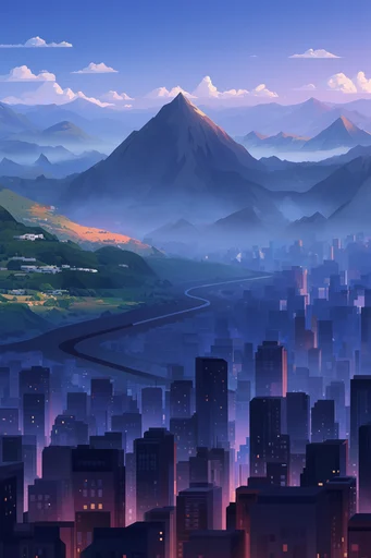 Neon Twilight Metropolis style reference image — stylized urban cityscape