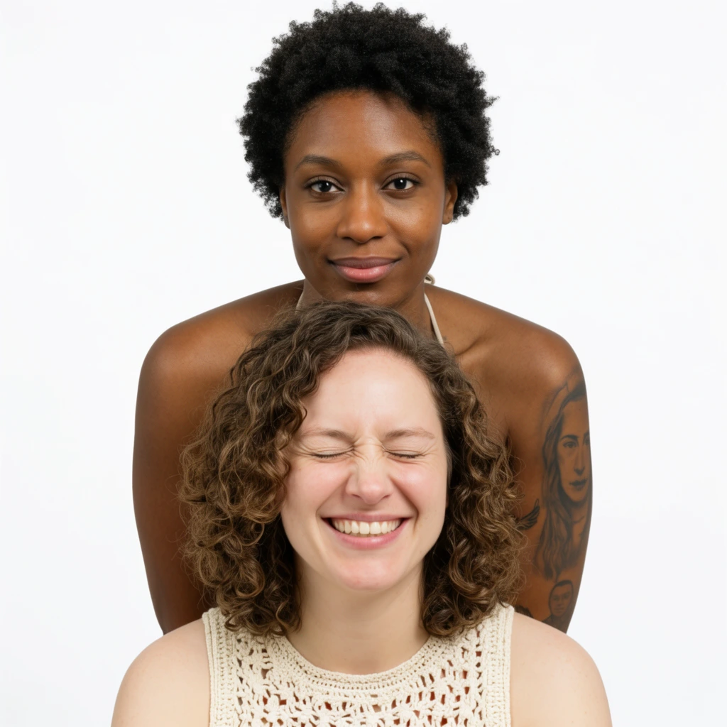 A stacked studio portrait of two women against a stark white background. In the foreground, a fair-skinned woman with shoulder-length curly brown hair smiles broadly with her eyes squeezed tightly shut, wearing a sleeveless cream-colored crocheted top. Directly behind her stands a dark-skinned woman with short natural coily hair, gazing calmly into the lens with a gentle smile. She rests her chin near the foreground woman's head, revealing a portrait tattoo on her upper left arm and a thin halter strap. Bright, even, high-key lighting captures the natural skin textures and fine hair details in crisp, photographic focus.