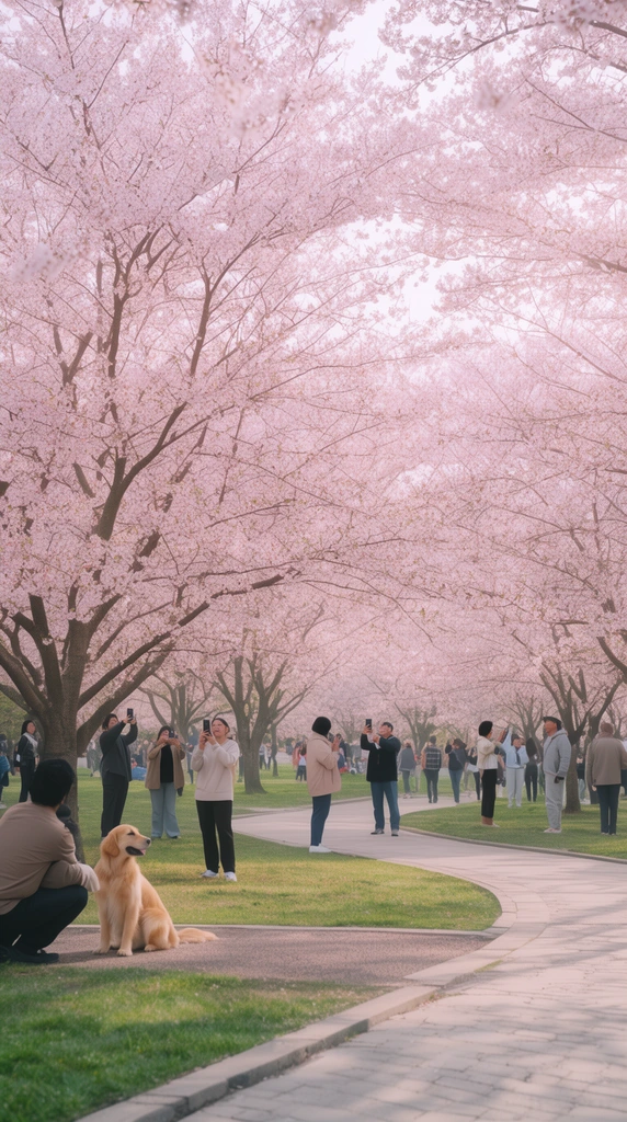 Blooming cherry blossom grove forming a pale pink floral canopy, public park with green grass and winding paved pathways, scattered people strolling and taking smartphone photos, golden retriever sitting near a crouching person in the left foreground, soft hazy daylight, wide-angle photography