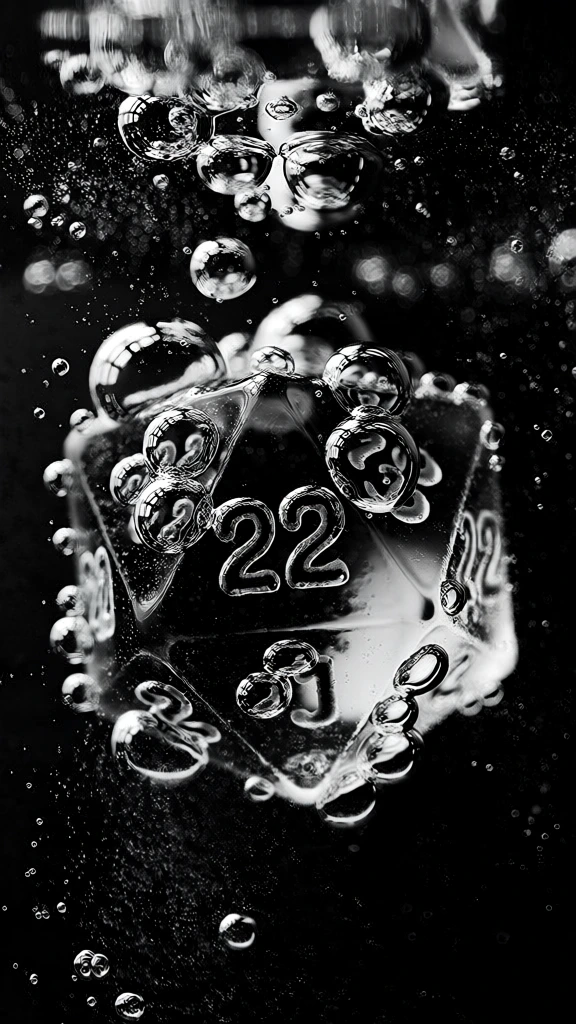 high-contrast black and white macro photography, a twenty-sided d20 die submerged in liquid, clusters of spherical bubbles acting as distorted lenses, reflections and refractions of the numeral twenty repeated infinitely within the air pockets, fine white spray and effervescent droplets scattered against a deep black background, dramatic chiaroscuro lighting, surreal liquid textures, sharp highlights on crystalline edges, experimental darkroom aesthetic, abstract liquid composition