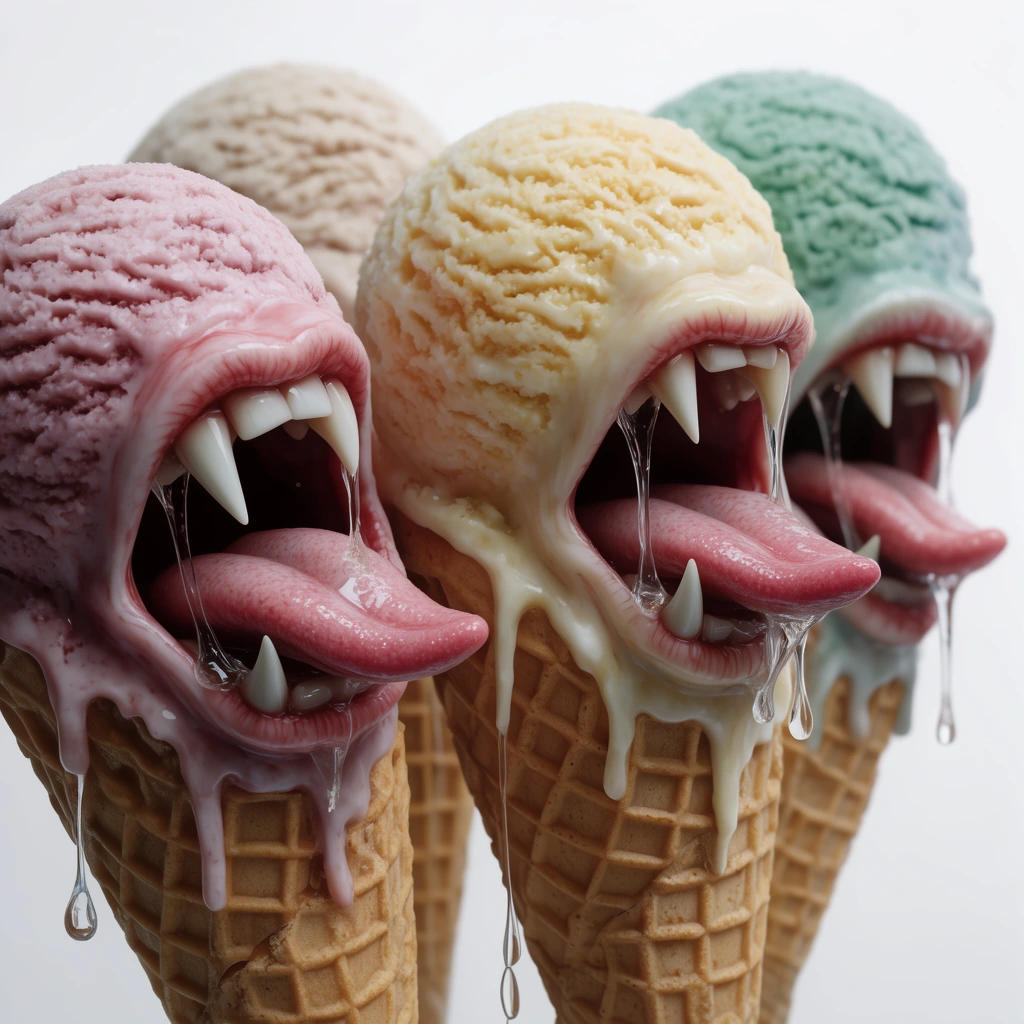 four grotesque ice cream cone sculptures with fanged mouths and fleshy tongues, dripping clear saliva, textured colored scoops, white background, surreal macro art