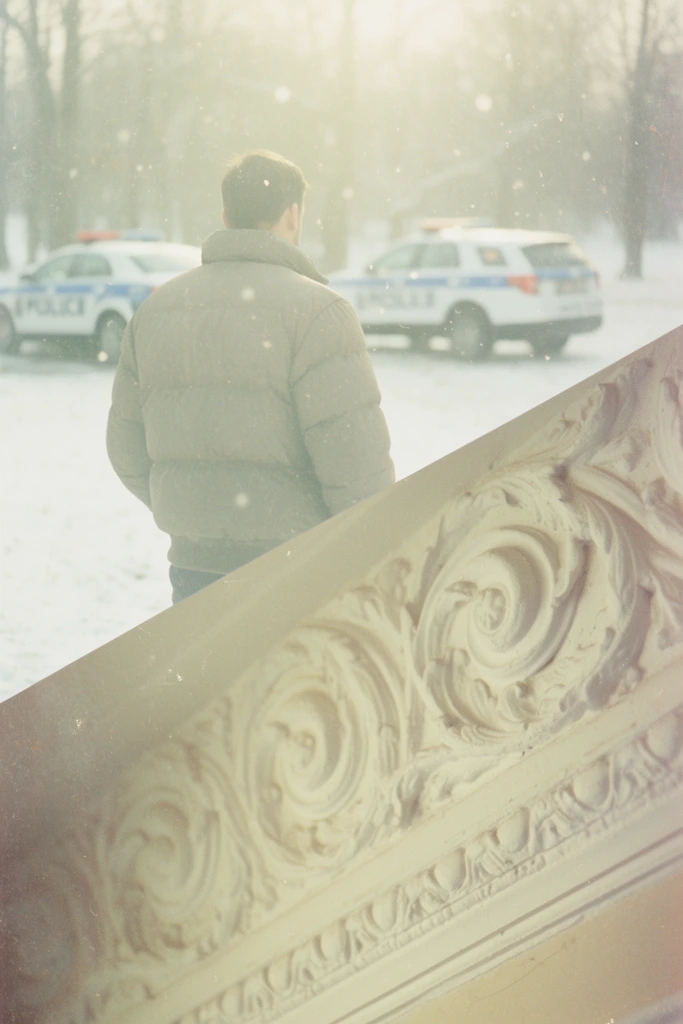 A stark diagonal line bisects the frame, unifying two distinct scenes through an ethereal, faded 35mm analog film aesthetic heavily textured with pronounced grain and organic dust artifacts. The upper-left triangular quadrant frames a man viewed from behind, wearing a thick puffy jacket and standing in a snow-covered landscape. Suspended snowflakes catch the soft, hazy, diffused lighting, with two police vehicles parked near trees in the slightly overexposed, low-contrast background. The lower-right quadrant contains a tight close-up of intricate, swirling architectural molding, its elaborate carved details softened by the dreamlike, washed-out color palette. A gentle atmospheric glow and vintage lens haze permeate the entire composition, bathing both the wintry exterior and the classical plasterwork in the muted, faded hues characteristic of analog photography.