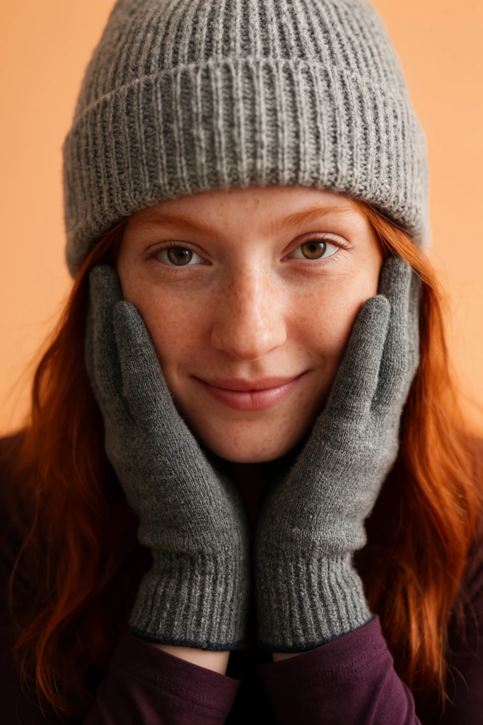 close-up portrait of a young freckled woman with long red hair, wearing a grey ribbed knit beanie and thick grey gloves, gloved hands gently framing her cheeks, subtle warm smile, direct gaze, dark plum long-sleeve shirt, solid warm peach studio background, soft frontal lighting, sharp focus on eyes, warm color palette, intimate framing