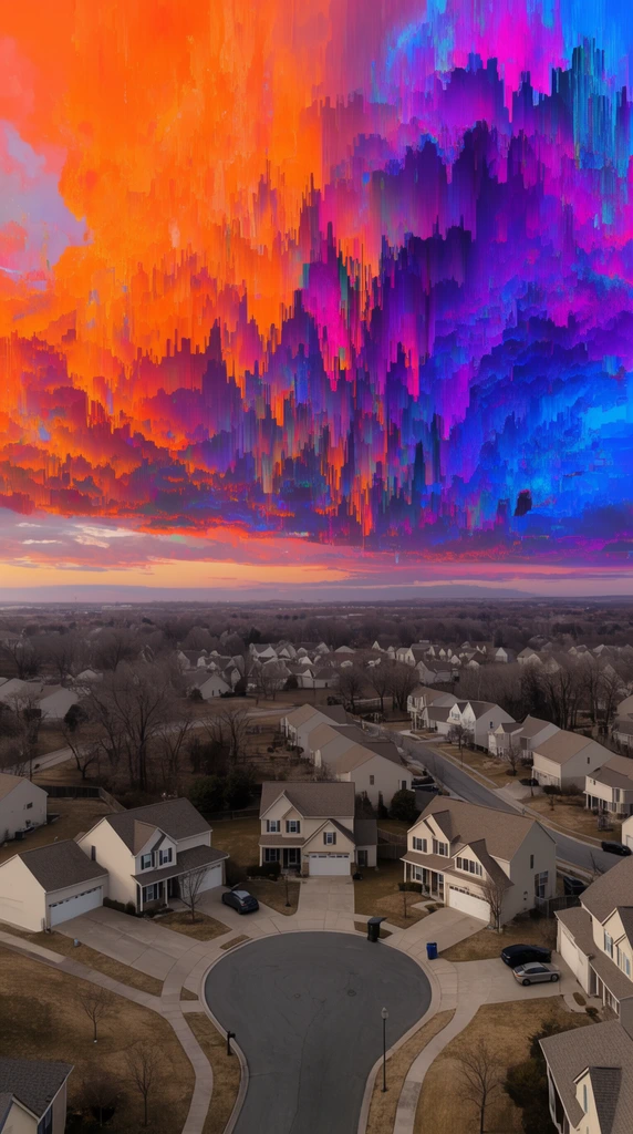 Surreal aerial landscape, mundane suburban neighborhood, winding asphalt roads, central cul-de-sac, identical beige houses, bare winter trees, massive vivid sky anomaly, downward dripping glitch art replacing the clouds, intense neon orange, magenta, purple, electric blue, vertical pixel sorting, melting paint texture, stark contrast between dull brown suburbia and hyper-saturated digital sky