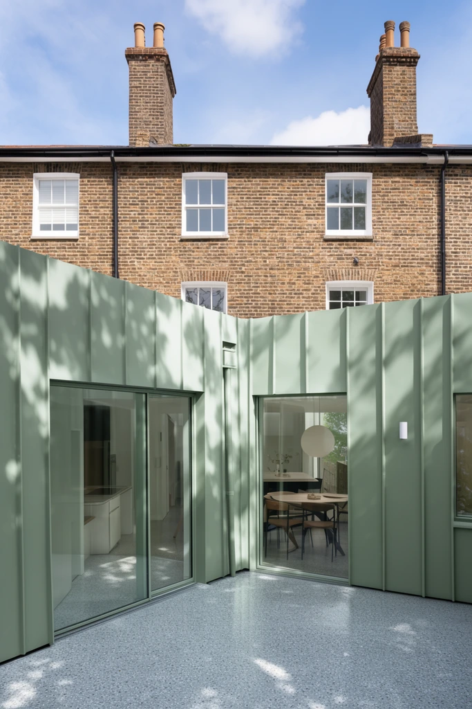 Modern pale sage green house extension with vertical metal cladding, large glass windows and patio doors revealing a modern dining room, speckled grey terrazzo courtyard, traditional brown brick building background, tall brick chimneys, white sash windows, dappled tree shadows on the green walls, bright daylight, clear architectural photography