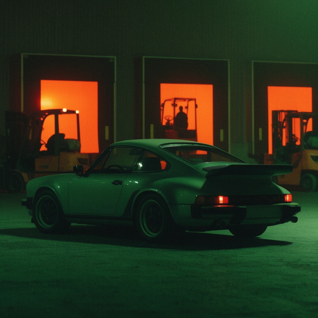 A classic sports car with a rear spoiler sits in a dark warehouse. A heavy green cinematic color cast dominates the scene, contrasting with vibrant orange light illuminating background loading bays and silhouetted forklifts under thick film grain.