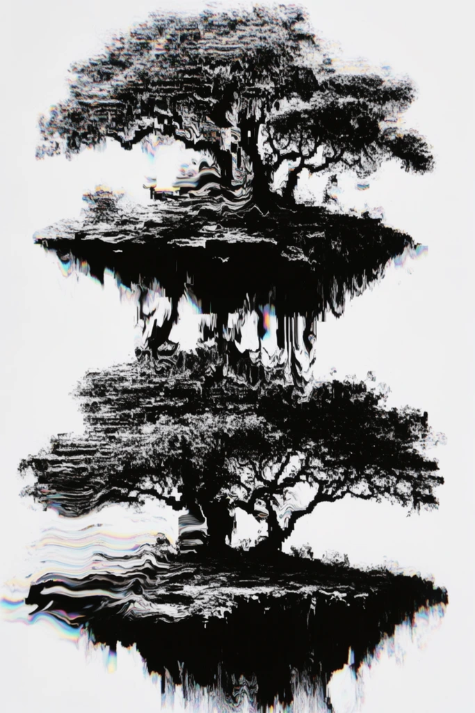 Two stacked floating islands crowned with trees rendered in a severe, high-contrast monochrome databending aesthetic. The upper landmass hovers directly over the lower, their floating foundations and branching canopies reduced to dense, crushed black silhouettes against a harsh, blown-out white background. Extreme vertical pixel sorting and digital tearing fracture the forms, dragging the pitch-black pixels of the roots, soil, and trunks into jagged, dripping streaks and fluid, wavy interference patterns. Subtly iridescent bands of cyan, magenta, and yellow chromatic aberration bleed along the sharp, torn borders of the glitched black masses. The stark composition relies on aggressive positive-negative space interaction, with the heavily corrupted, horizontally smeared topography floating isolated within a flat, featureless white expanse.