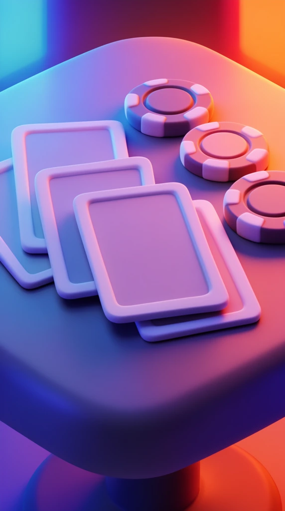 Several playing cards and three casino chips scattered across a smooth surface, rendered in a minimalist, 3D-modeled illustration style with thick, stylized proportions. The playing cards feature exaggerated, bulky profiles with heavily rounded corners and flawless, matte surfaces, resting in an overlapping arrangement on a thick, softly contoured table. Three chunky casino chips sit alongside the cards, detailed with simplified geometric indentations and possessing the same soft, plastic-like texture. An intense, saturated bi-color lighting setup bathes the entire scene, projecting striking neon blue and cyan illumination from one side and vibrant, warm orange and red light from the opposite direction. The contrasting light sources create rich magenta and purple gradients across the smooth, frictionless materials, casting soft, colorful ambient shadows. The composition highlights the primitive, clay-like geometry of the objects, utilizing an ultra-smooth rendering technique featuring uniformly soft, beveled edges and pristine surface finishes.