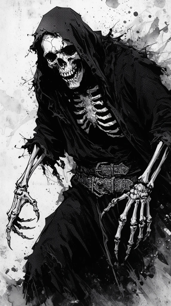 A menacing skeletal figure lunges forward clad in deeply shadowed, tattered dark robes. The cracked skull features hollow eye sockets beneath a frayed hood, with a bare ribcage and bony arms emerging from ragged fabric. Elongated skeletal fingers with sharp claws reach downward dynamically. A complex, textured belt heavily buckles around the pelvis. Rendered in a high-contrast black and white comic illustration style, the artwork utilizes dense halftone screentone patterns for shading on the heavy black garments. Chaotic ink splatters, watercolor wash effects, and aggressive, jagged linework surround the dynamic figure against a stark, distressed light background.