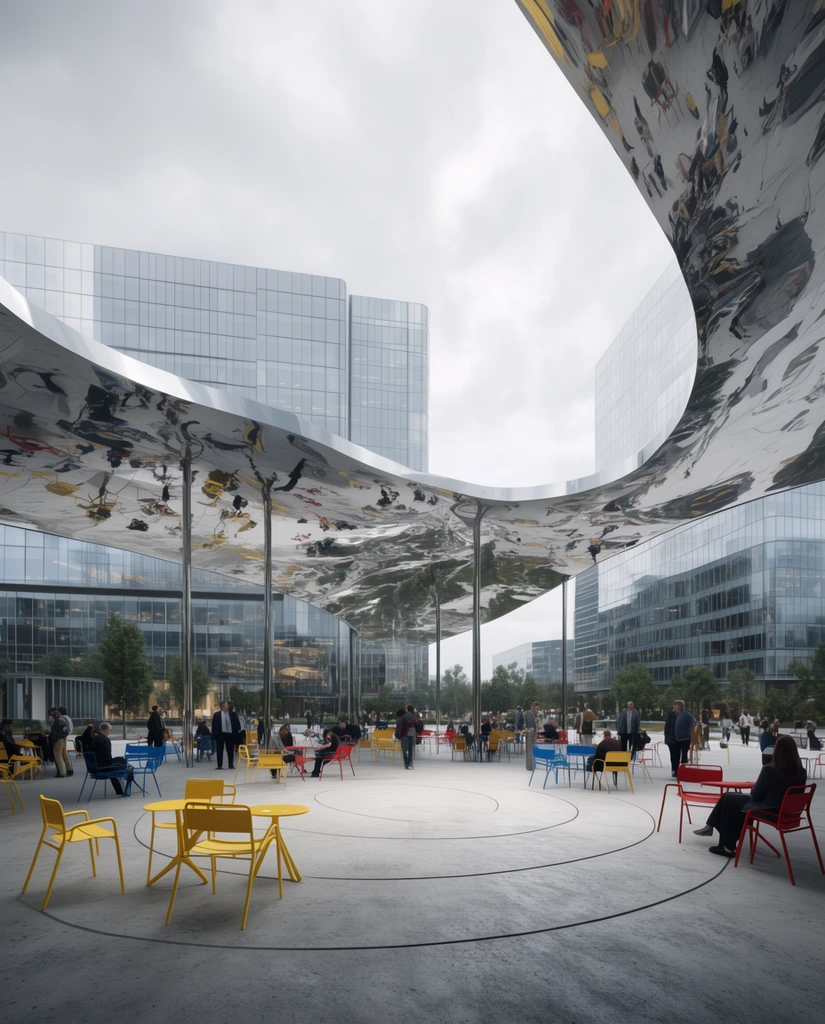 An undulating mirrored canopy arches over a circular concrete plaza where people gather among bright yellow, red, and blue metal chairs. The canopy's highly reflective underside distorts the scene below. Modern glass office buildings stand against an overcast sky in this photorealistic wide-angle architectural rendering.