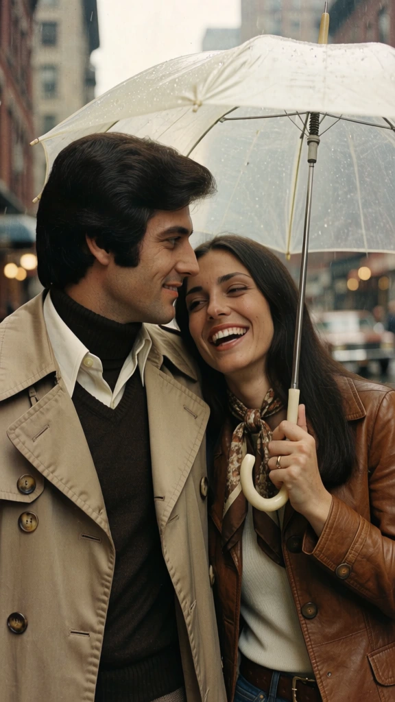 Handheld 16mm film footage, grainy vintage style. A romantic Korean couple in 1970s fashion (trench coat, leather jacket) walking on a rainy Seoul street. The man gaze at the women fondly, the woman laughs and rests her head on his shoulder. Candid, joyful interaction. Desaturated colors, film scratches, natural rainy daylight. Nouvelle Vague cinema style