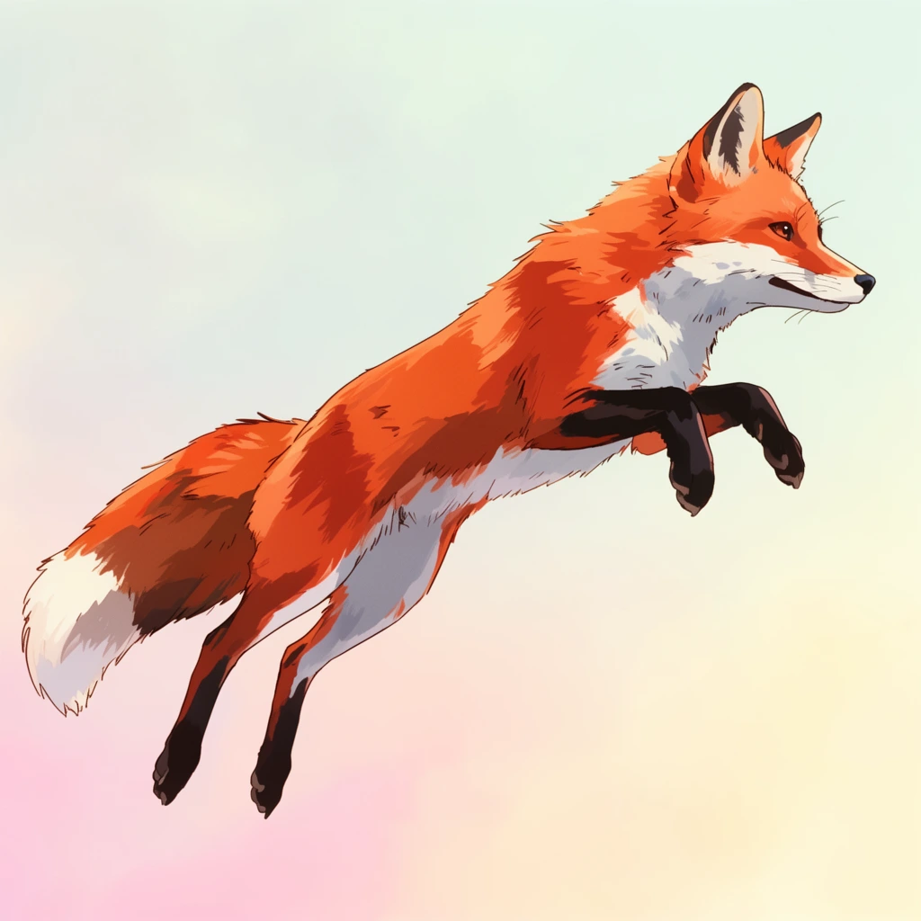 red fox leaping in mid-air, anime style 2D digital illustration, vibrant orange fur, white underbelly and tail tip, black lower legs and ear tips, bushy tail trailing behind, dynamic airborne pose, profile view, clean line art, subtle cel shading, soft pastel gradient background blending pale cyan pink and yellow, minimalist ethereal setting