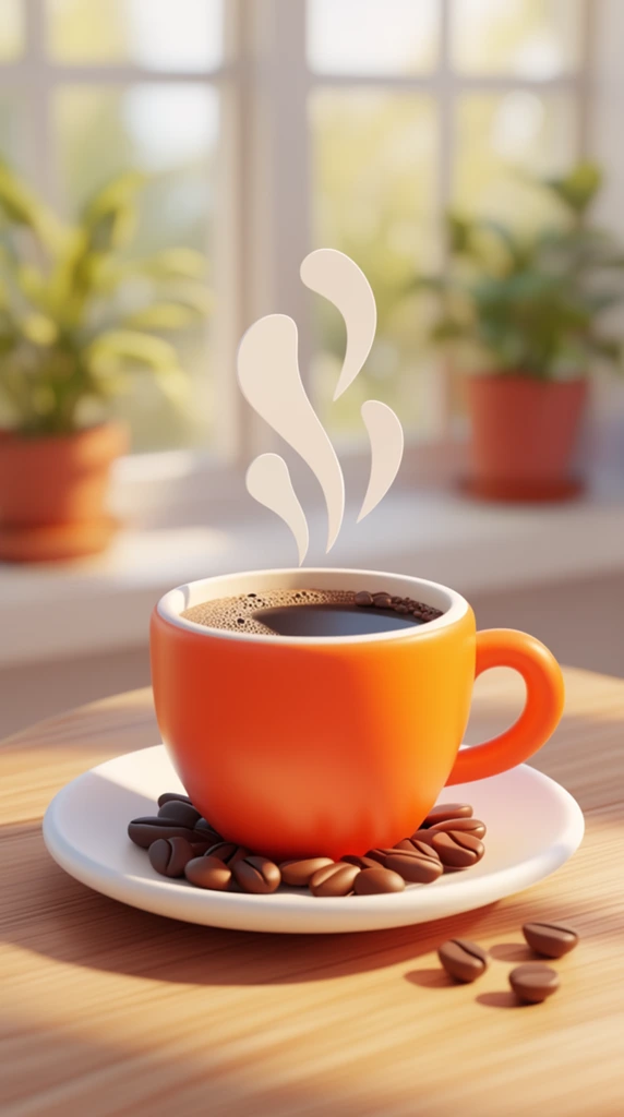 vibrant orange coffee cup on a white saucer with loose coffee beans, stylized flat white steam shapes rising, wooden table, bright morning sunlight, blurred window background with potted plants, 3D rendered illustration, shallow depth of field, warm lighting