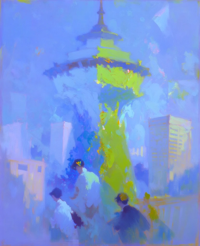 impressionistic painterly style, loose expressive brushstrokes, ethereal glowing atmosphere, monumental observation tower rising above a hazy urban skyline, blurred architectural silhouettes of skyscrapers, high-key lighting, monochromatic palette of cool blues and violets, sharp accents of electric lime green and chartreuse highlights on the tower, soft focus dreamlike quality, vertical composition, thick impasto texture, luminous blue mist, radiant light, ethereal aesthetic