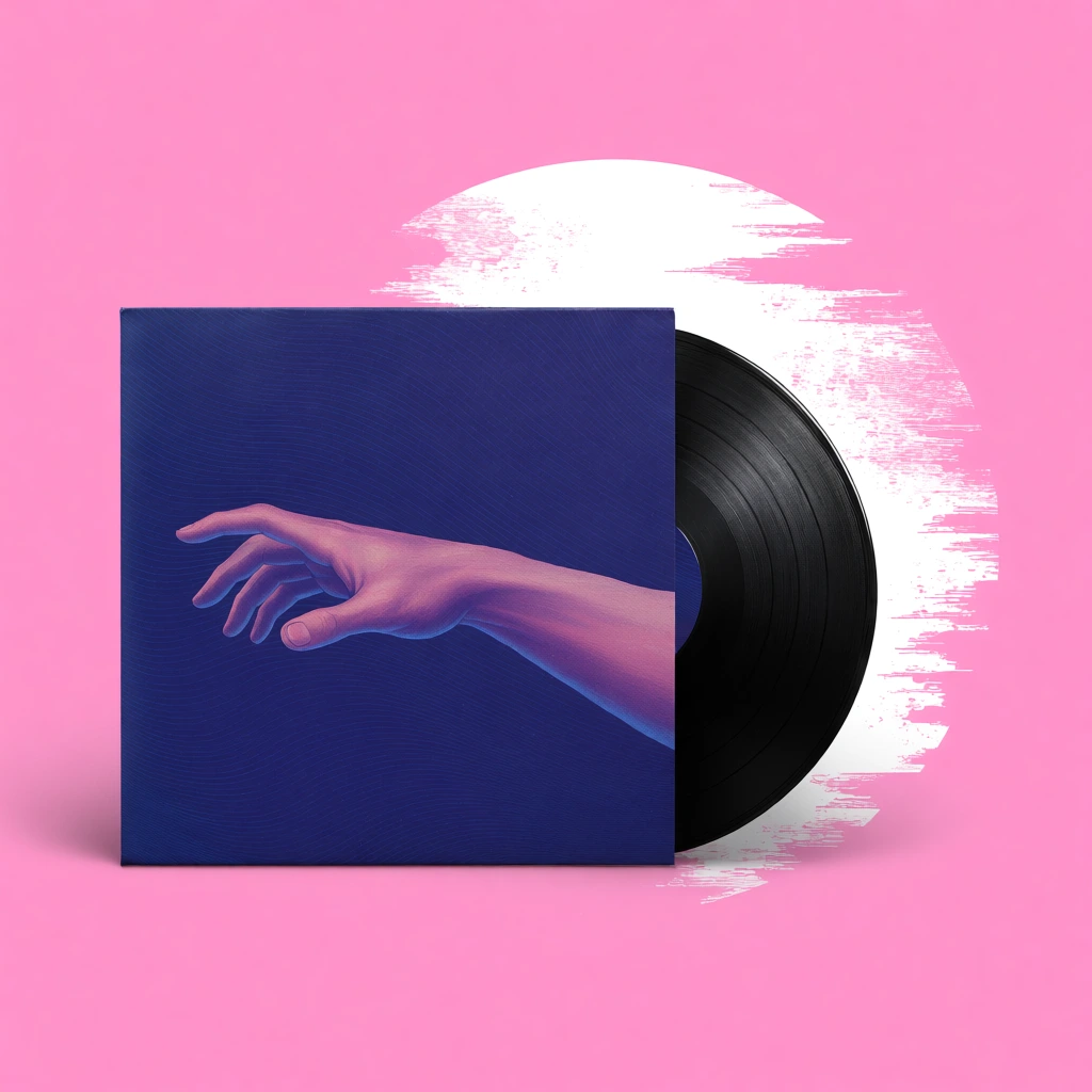 A black vinyl record partially emerges from a dark blue square sleeve against a vibrant pink background. The sleeve cover features a surreal illustration of a pale, pinkish-purple human arm reaching outward across a deep blue space textured with faint wavy lines. Behind the right edge of the sleeve and vinyl, a large semi-circular white graphic of distressed, jagged glitch patterns overlays the solid pink backdrop. Soft studio lighting highlights the glossy vinyl grooves and matte packaging.