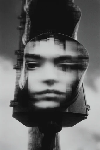 Fractured Monochrome Surrealism style reference image — slit-scan portraiture