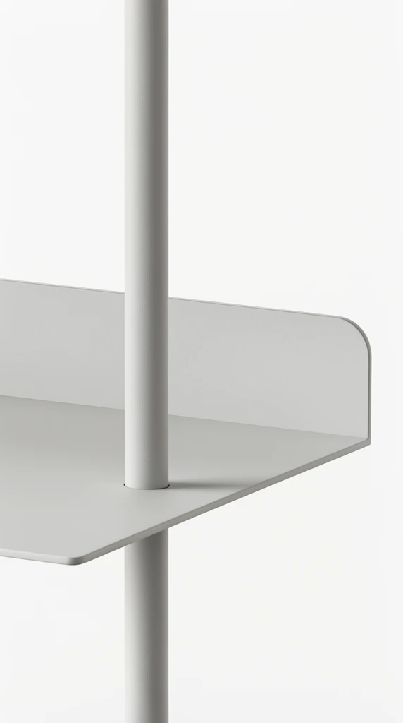 minimalist light gray metal shelf detail, cylindrical vertical support pole intersecting a flat horizontal shelf, raised back edge with a smooth rounded corner, matte powder-coated finish, clean lines, soft studio lighting, solid white background