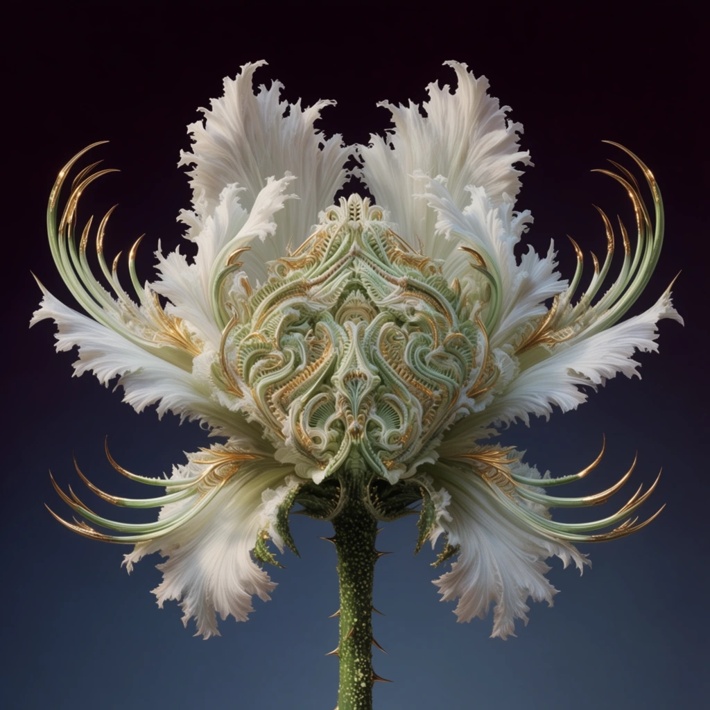 A highly intricate, symmetrical fantastical bloom stands centrally framed against a smooth gradient background transitioning from deep purple-black to muted navy blue. The floral structure features feathery white petals with deeply serrated, frilled edges. Long, sweeping tendrils with sharp, golden metallic tips curve outward like elegant claws. The core displays a complex, filigree-like arrangement of interwoven pale green and gold ridges with a biomechanical aesthetic. The bloom rests on a thick, textured green stem adorned with tiny speckles and sharp thorns. Dramatic studio lighting accentuates the fractal-like complexity and gleaming golden accents in a hyper-detailed, surrealist macro composition.