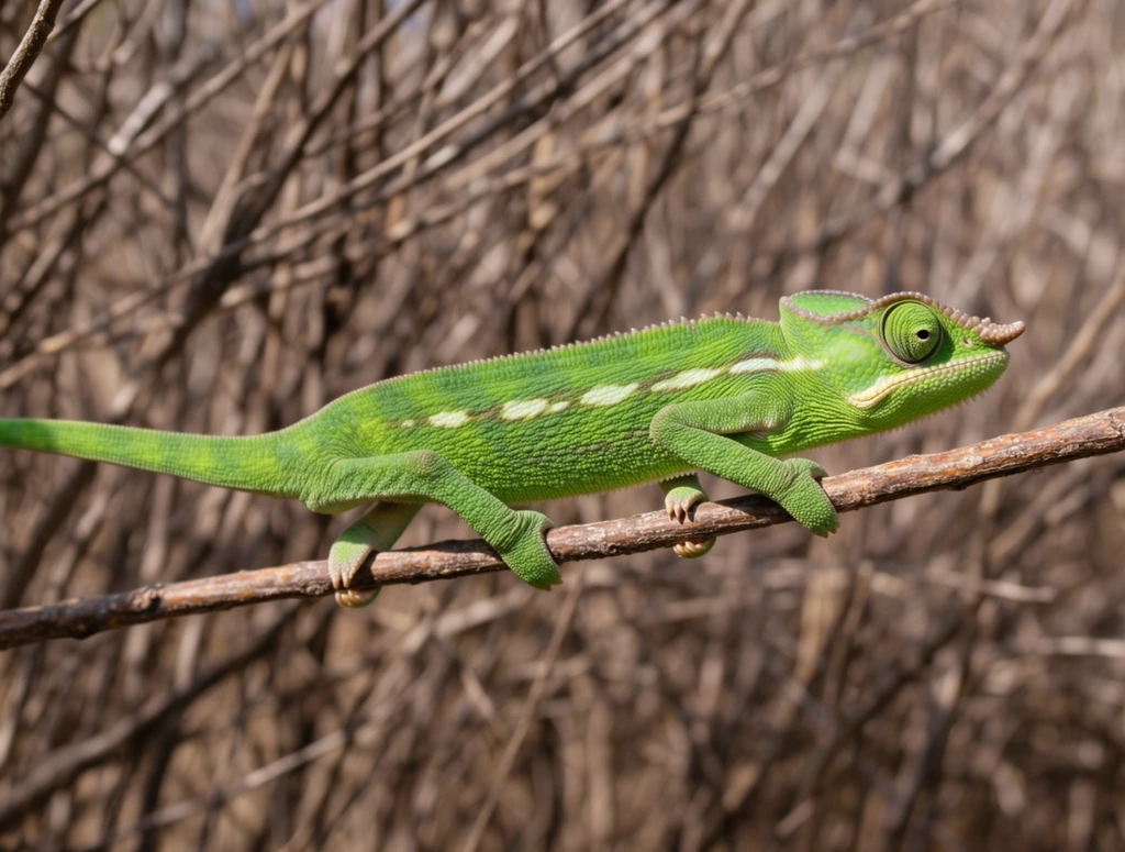 A bright green chameleon traverses a slender, textured brown twig set against a dense, out-of-focus background of dry, leafless brush. Captured in sharp macro focus, the reptile features intricate scaly skin with a pale horizontal stripe running along its flank, a large protruding eye, and a small horn-like bump on its snout. The chameleon grips the branch firmly with its specialized split feet, its long tail extending straight backward. Bright natural sunlight illuminates the subject, highlighting the striking color contrast between the vivid, textured green body of the lizard and the blurred, monochromatic maze of tangled brown branches filling the environment.