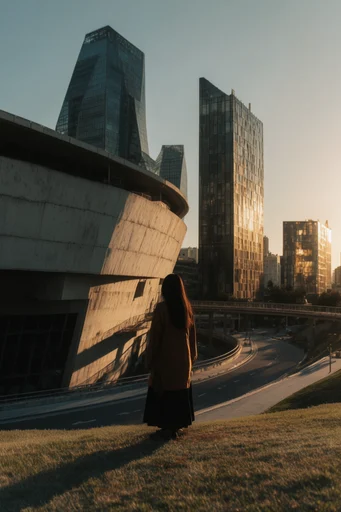Cinematic Brutalist Solitude style reference image — golden hour