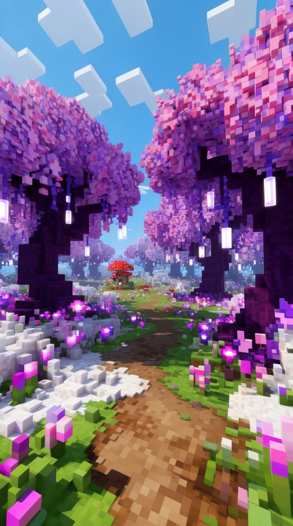 A vibrant 3D landscape constructed entirely from cubic blocks, centered on a dirt pathway winding between massive trees with dark purple trunks and dense canopies of pink and purple blocky blossoms. Glowing white cylindrical lights hang from the geometric branches. The ground is a patchwork of green grass, brown dirt, and white cubes, populated by glowing pink and purple flora. A small structure resembling a red-capped mushroom stands in a distant clearing. The bright blue sky is dotted with floating rectangular white clouds. Clear sunlight casts sharp, geometric shadows across the voxel terrain, highlighting the saturated color palette and rigid, grid-like composition.