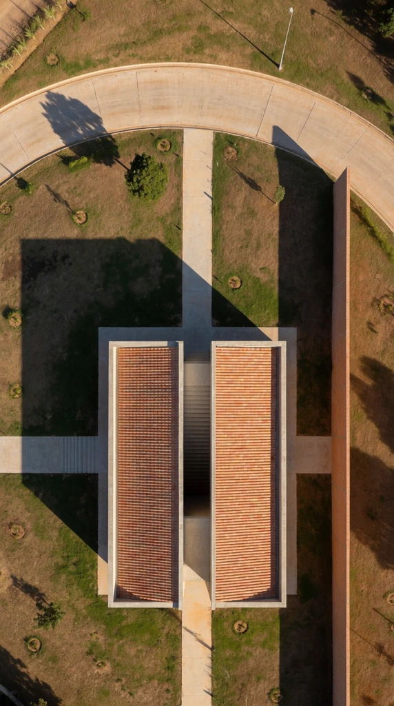 true top-down aerial view of a modern rectangular building, ribbed terracotta and concrete roof with a central open stairwell, intersecting light gray concrete pathways, curving concrete roadway sweeping across the upper frame, green and dry brown grass with scattered circular planting spots, long dramatic dark shadows cast by a tall brick wall and street lamp, low angle sunlight, single green tree, minimalist geometric composition, architectural drone photography, warm earthy color palette