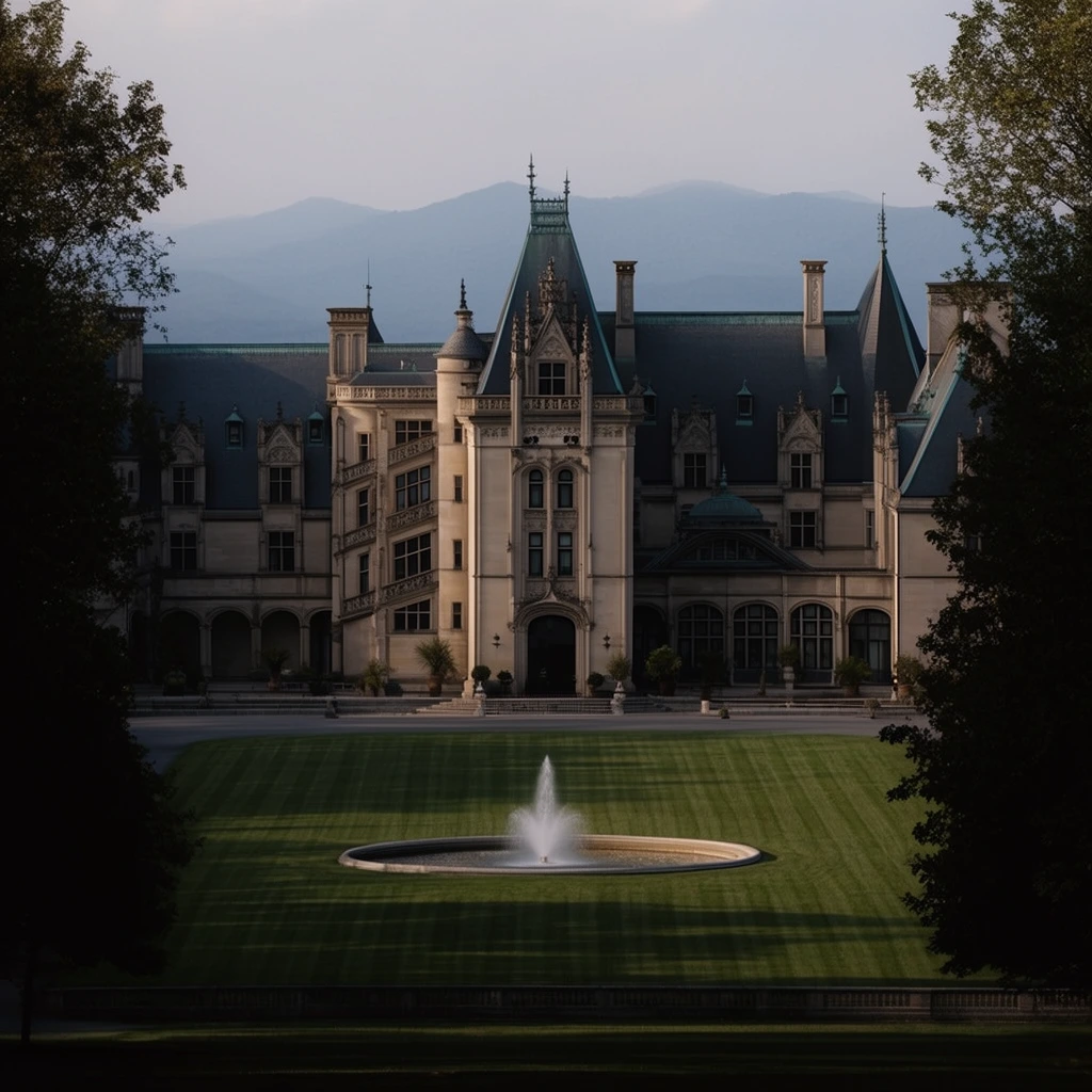 Framed symmetrically by dark tree silhouettes, a grand French Renaissance-style stone chateau stands against hazy blue mountains. A circular fountain sprays water across a vast, manicured green lawn. Deep shadows stretch over the grass in soft atmospheric lighting, emphasizing the steep rooflines and quiet grandeur of the palatial estate.