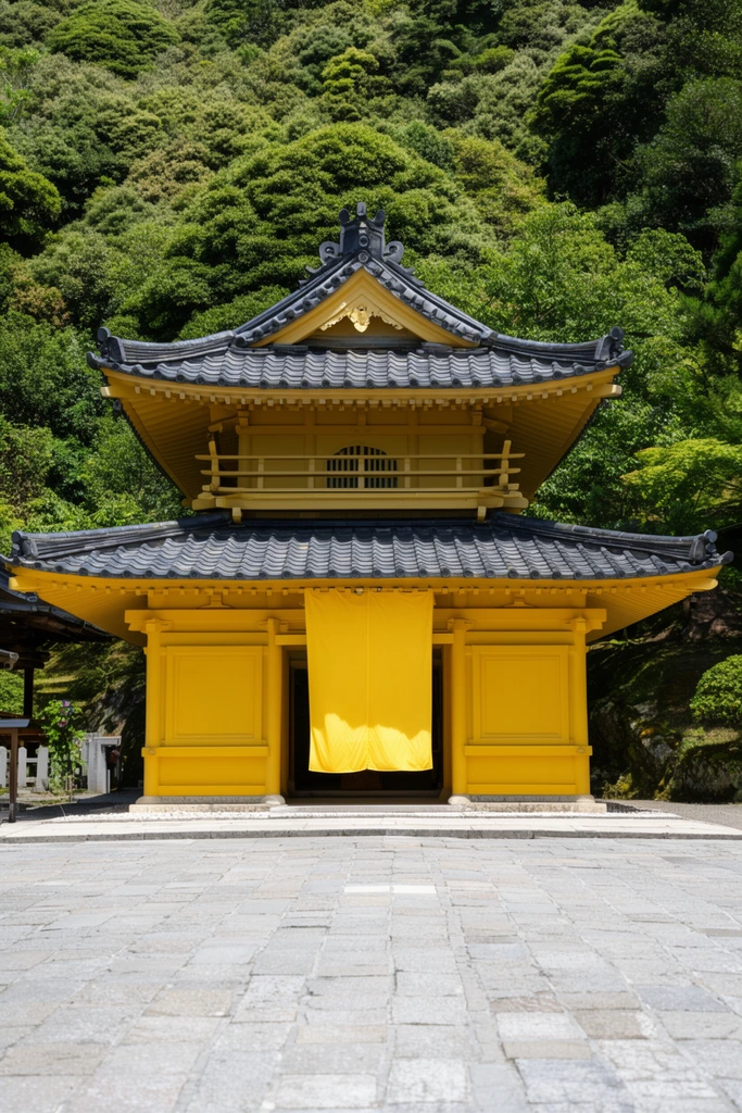 A vibrant yellow Japanese temple with a dark grey two-tiered tiled roof stands symmetrically in a paved stone courtyard. A solid yellow fabric banner hangs over the central entrance. Lush green trees cover the background hillside under bright daylight.
