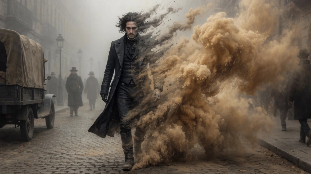 A man in dark gothic attire walks forward as half his body dissolves into a massive, swirling cloud of golden-brown dust. He features wild dark hair and a long charcoal coat. This surreal digital painting is set on a fog-drenched cobblestone street with a canvas-covered vehicle and distant pedestrians, contrasting muted grays with warm sepia textures in a dramatic, cinematic composition.