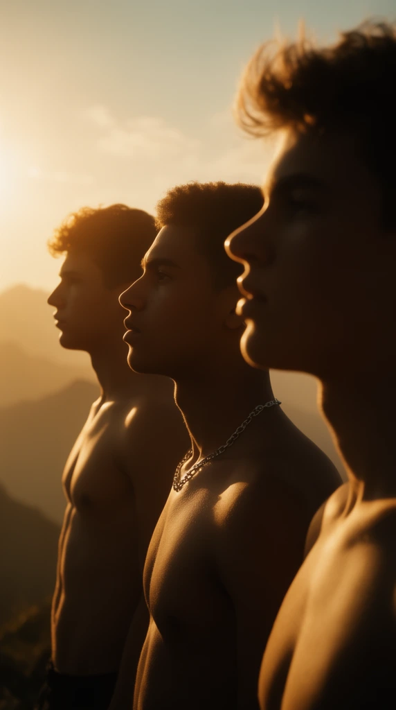 three shirtless young men in profile silhouette, cinematic golden hour lighting, intense sun backlight, silver chain necklace, distant mountains, warm atmospheric haze, shallow depth of field