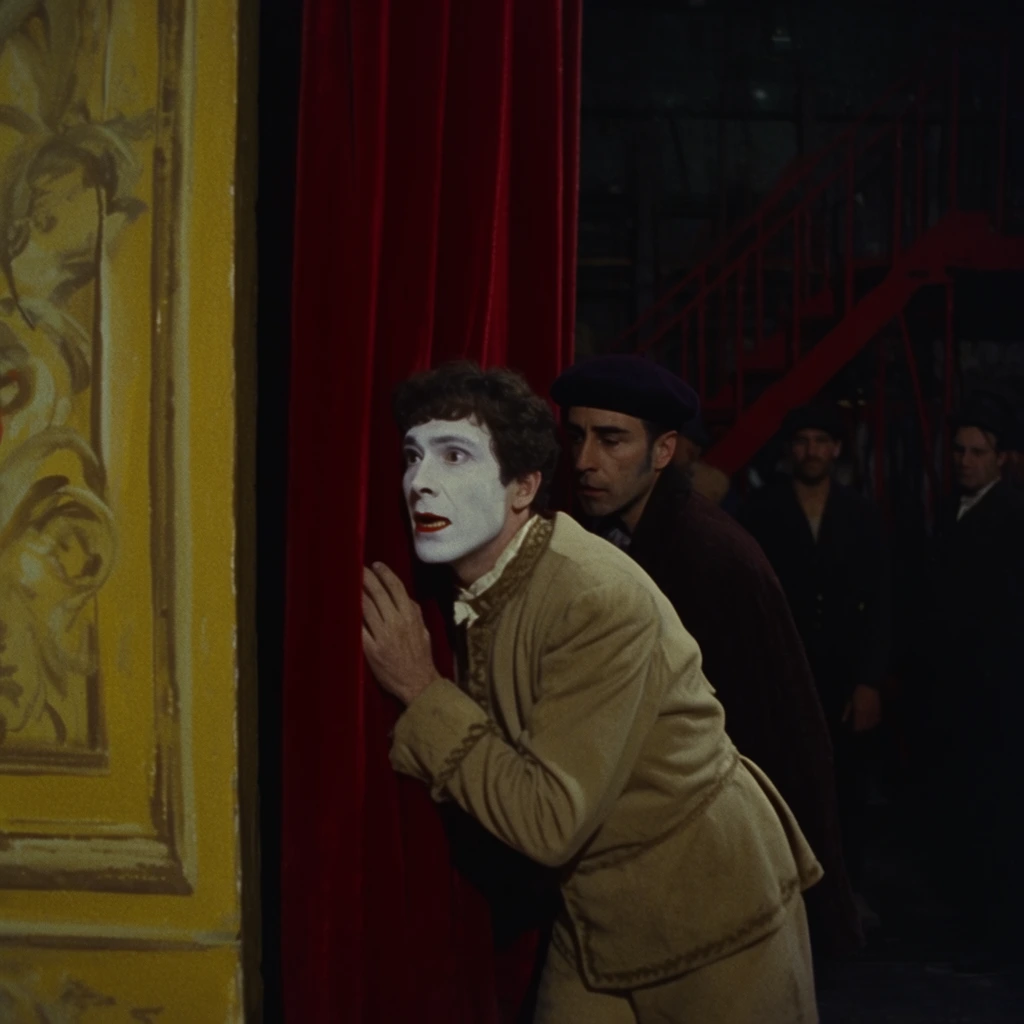 theatrical performer with white face paint in a tan costume leaning urgently against a red velvet curtain, man in a dark beret close behind, dimly lit backstage theater, painted yellow set piece to the left, distant men in shadows by a red staircase, vintage cinematic aesthetic, deep shadows, dramatic lighting, 35mm film grain
