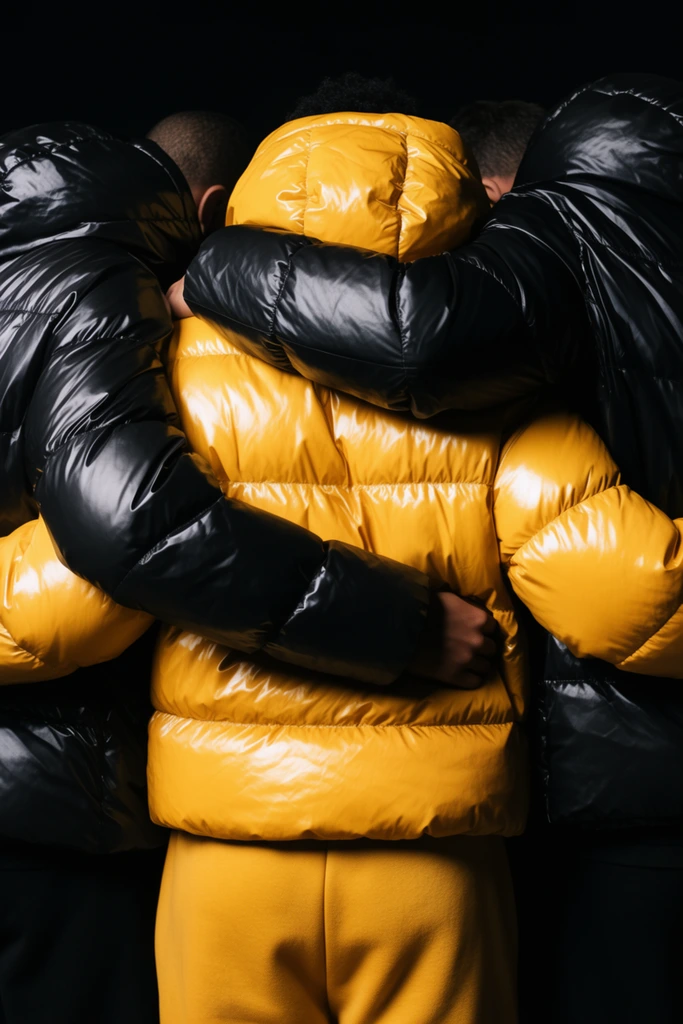 three figures tightly huddled, arms wrapped around shoulders, wearing thick voluminous quilted puffer jackets, glossy black outerwear flanking a central figure in a bright mustard yellow puffer jacket and sweatpants, highly reflective puffy fabric catching strong directional light, pitch-black background isolating the group, close-up crop emphasizing interlocking arms and heavy padded textures, high contrast cinematic lighting