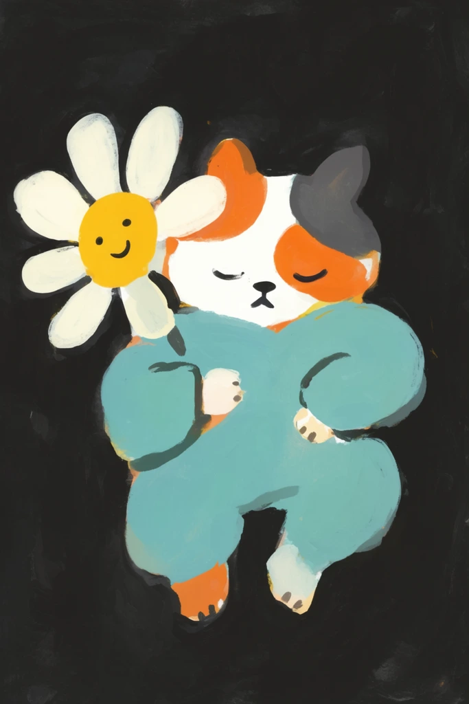 A painterly illustration of a sleeping anthropomorphic animal resting on a textured charcoal-black background. The central figure has a white face with rounded orange and dark grey patches, and wears a puffy, light teal-blue long-sleeved garment resembling a cozy onesie. Tucked near its head, the creature holds a large stylized daisy with thick white petals and a bright yellow center featuring a simple smiling face. The artwork employs a loose, gouache-like digital medium with expressive, visible brushstrokes creating a flat, graphic composition. The stark contrast between the vibrant teal, warm yellow, and deep black backdrop highlights the charming, naive aesthetic.