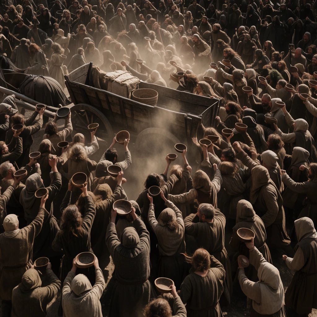 A high-angle cinematic shot of a chaotic medieval crowd surging toward a central wooden wagon. Hundreds of peasants in drab woolen tunics and hoods push together, arms raised high holding rough wooden bowls. Thick plumes of dust rise from the center of the frantic mob, catching harsh midday sunlight. The dense composition features a muted, earthy palette of deep browns and tans, emphasizing the overlapping bodies and frantic atmosphere.