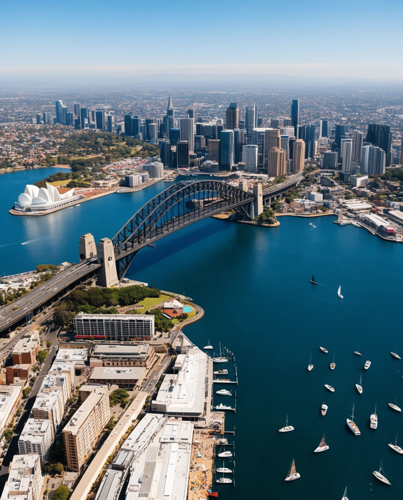 Aerial panorama of a coastal metropolis, deep blue harbor, massive steel arch bridge, white sail-shaped building on a peninsula, dense skyscraper skyline, scattered boats, clear daylight