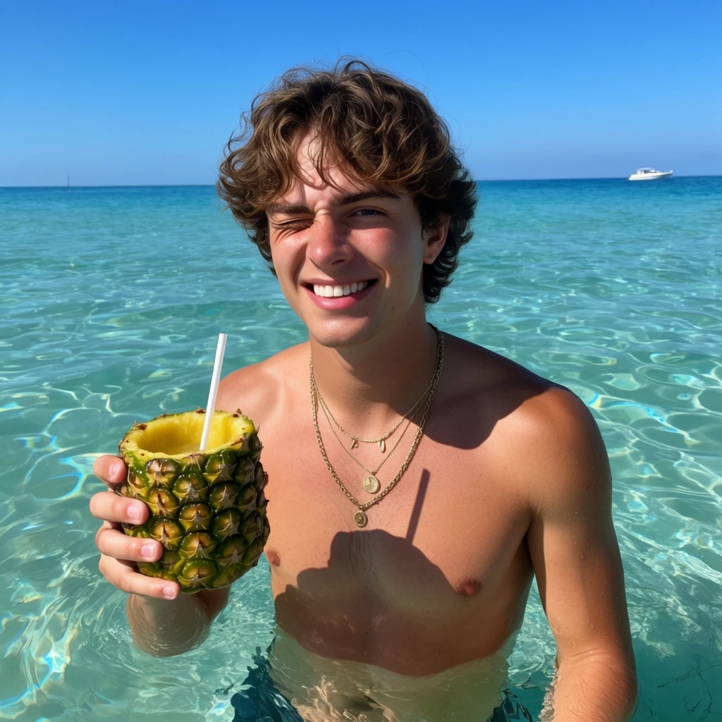 shirtless young man with wavy brown hair winking and smiling, standing waist-deep in clear ocean water, holding a hollowed-out pineapple drink with a straw, wearing gold chain necklaces, bright direct sunlight casting a sharp shadow on his chest, transparent turquoise water with glowing light caustics, distant horizon with a small white boat, clear blue sky