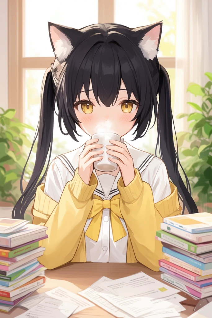 Anime girl with fluffy cat ears and black twin tails, golden eyes, soft blush, drinking from a steaming white cup held with both hands, wearing a white sailor shirt with yellow bow, yellow cardigan off shoulders, sitting at a desk, flanked by stacks of colorful books and papers, soft daylight from a window, green plants, cozy indoor scene, digital illustration, soft shading, warm lighting