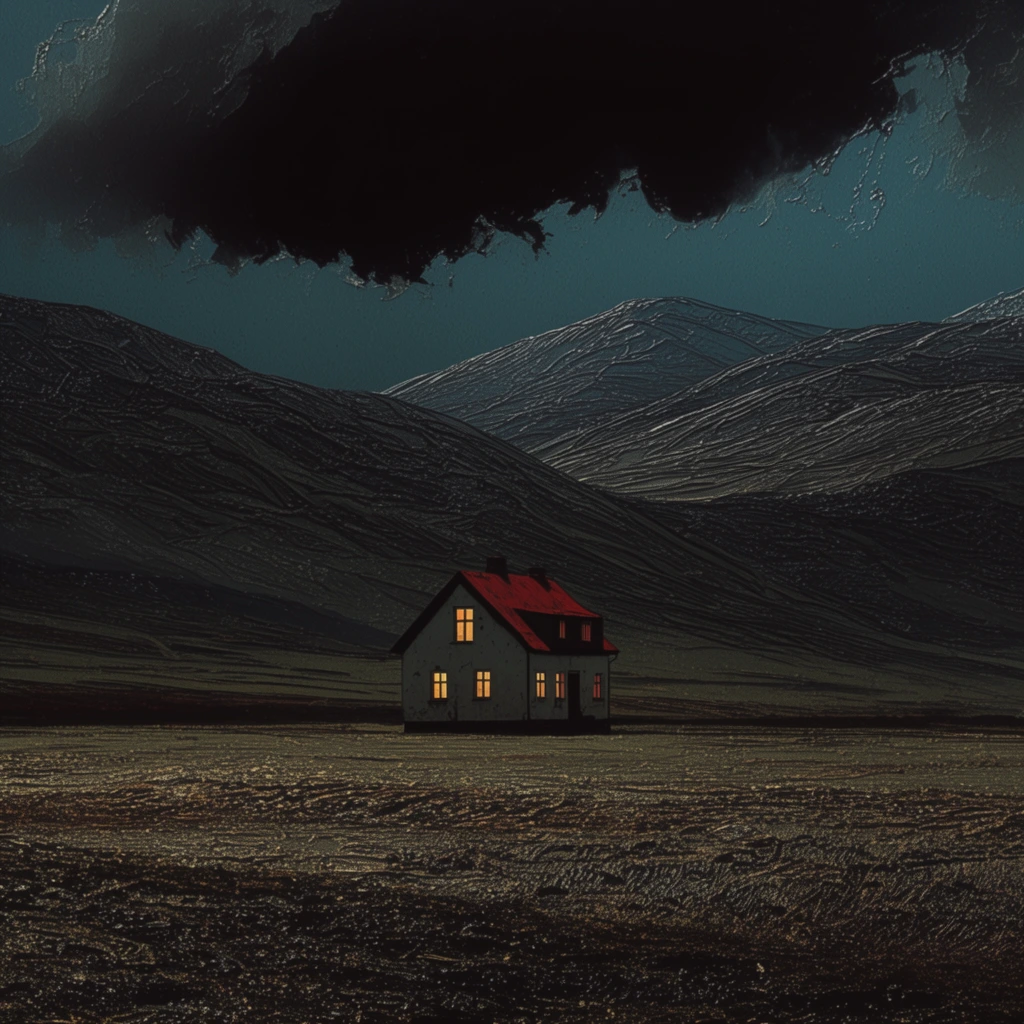 A solitary house with a red roof and glowing windows sits in a vast, textured plain beneath a heavy, jagged black storm cloud. Rolling, etched mountains dominate the background under a dark teal sky. The image features a gritty, highly stylized aesthetic with extreme contrast, deep shadows, and a distinct embossed effect that gives the desolate landscape a harsh, surreal sheen.