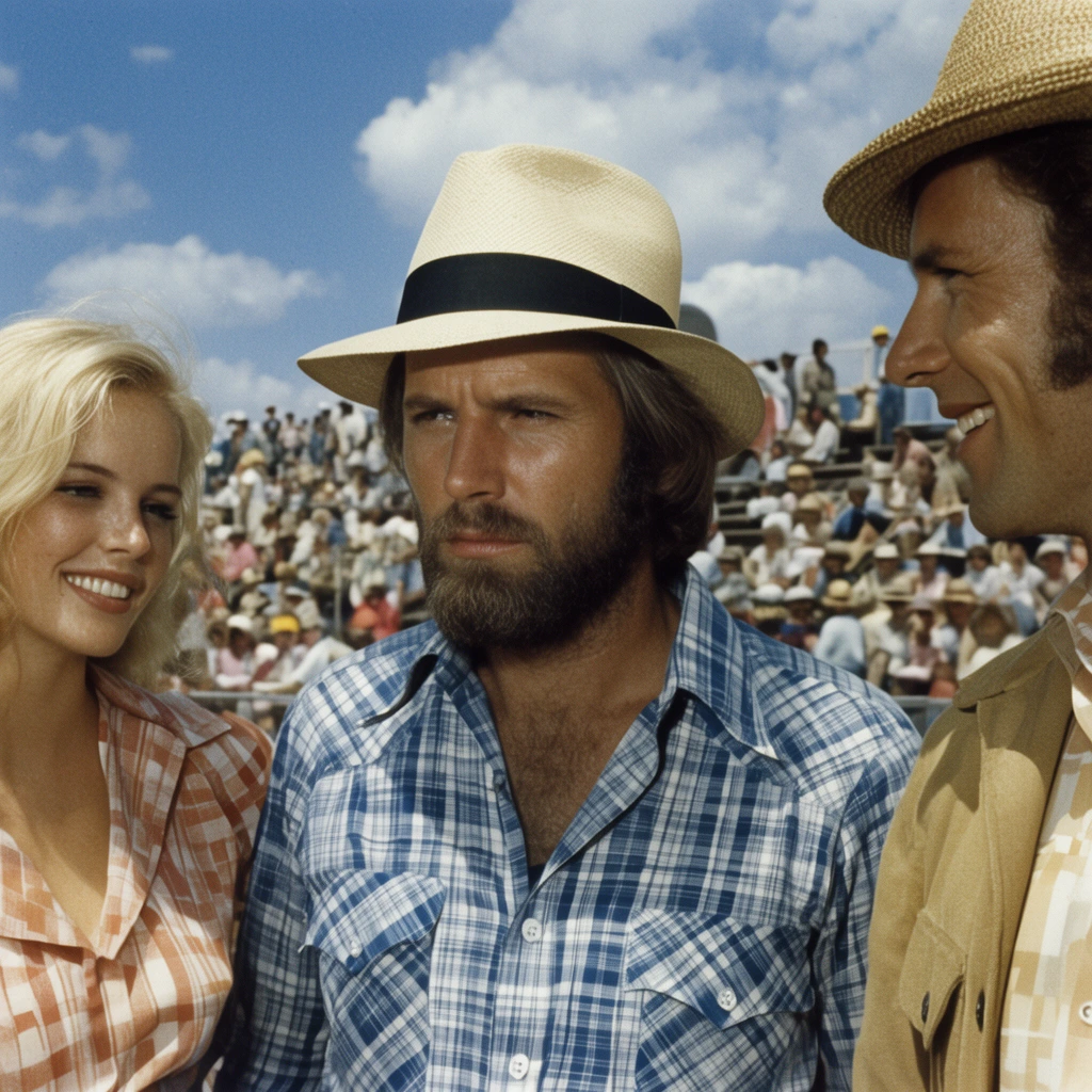 vintage 1970s film still, medium close-up of a serious bearded man, blue and white plaid shirt, light straw hat with black band, smiling blonde woman on the left, smiling man in profile with woven hat and tan jacket on the right, sunny outdoor crowded grandstand, bright blue sky with white clouds, harsh daylight shadows, cinematic grain, retro color palette