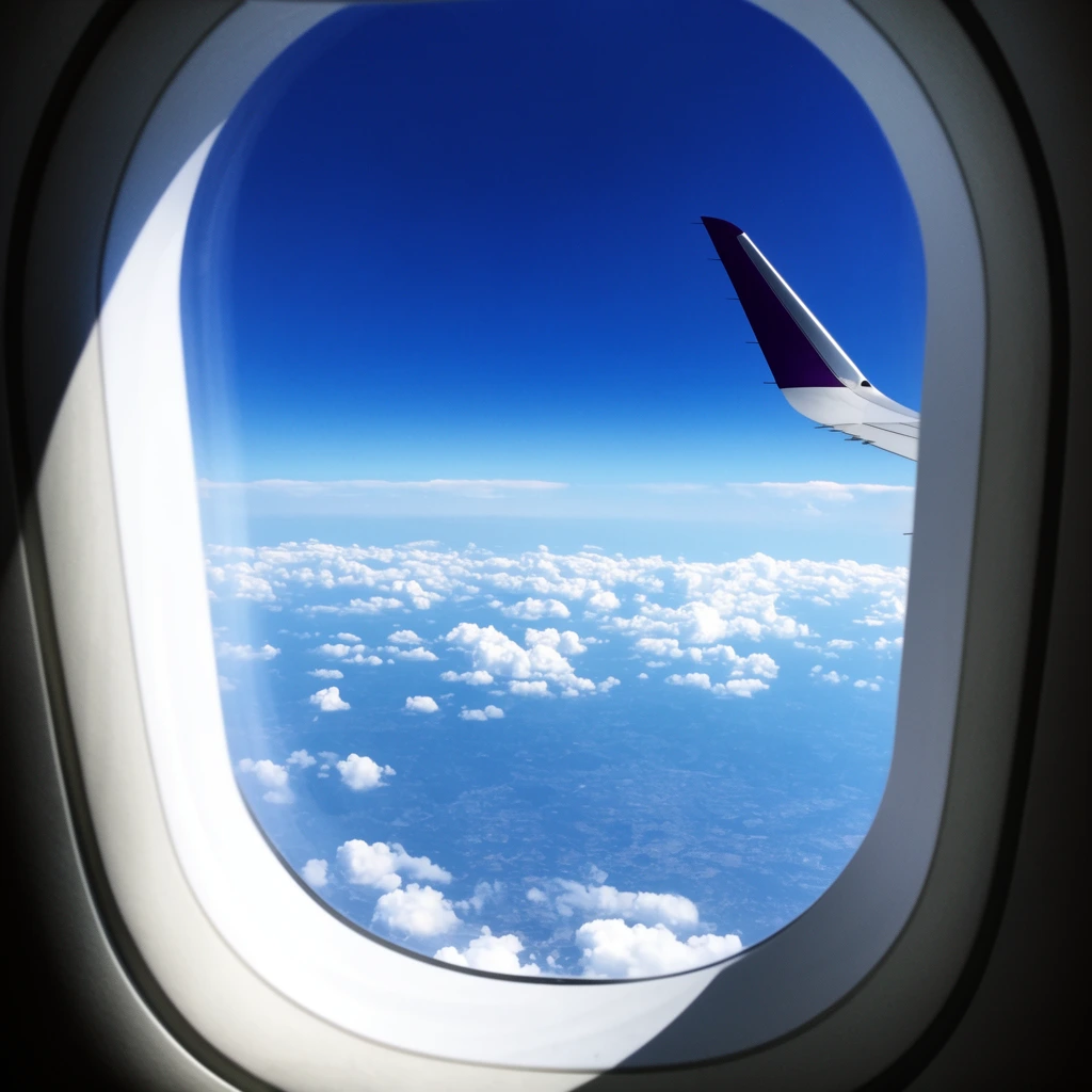 airplane window view, deep blue sky, scattered puffy white clouds, dark purple winglet visible on the right, faint land below, shaded white oval frame, bright daylight