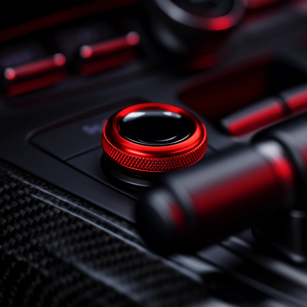 An extreme macro shot of a dark automotive center console focused on a prominent circular push button featuring a bright red, knurled metallic outer ring and a glossy black core. The button rests on a sleek panel beside a woven carbon fiber surface. A heavily blurred dark cylindrical control stalk extends into the foreground. Deep shadows contrast sharply with vibrant, glowing red ambient lighting that outlines the metallic edges of surrounding switches. A very shallow depth of field isolates the sharp ridges of the red dial within the moody, cinematic environment.