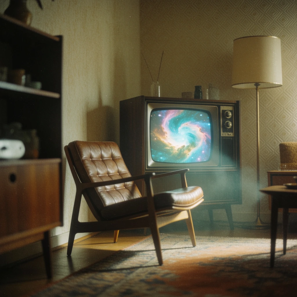 cinematic low-angle shot of a classic mid-century lounge chair in a dimly lit 1970s vintage interior, warm ochre and muted cream color palette, heavy film grain, soft-focus analog aesthetic, retro wood-paneled television displaying a vibrant swirling cosmic nebula, glowing ethereal light spilling from the screen, surreal retro-futurism, nostalgic kodachrome film stock, sepia-tinted shadows, hazy dreamlike atmosphere, lo-fi surrealist collage style, muted teal accents.