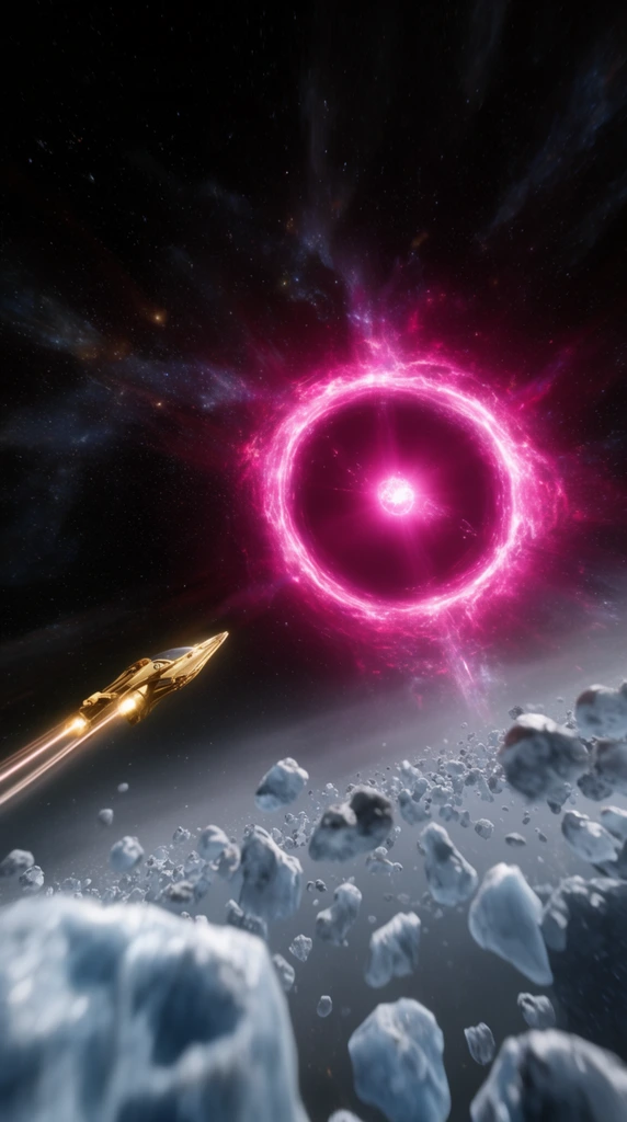 A glowing magenta quasar dominates deep space, ringed by asymmetrical light. A golden starfighter streaks toward the anomaly. Ice asteroids drift in the blurred foreground. Ultra-wide cinematic framing, stark contrast, photorealistic cosmic rendering.