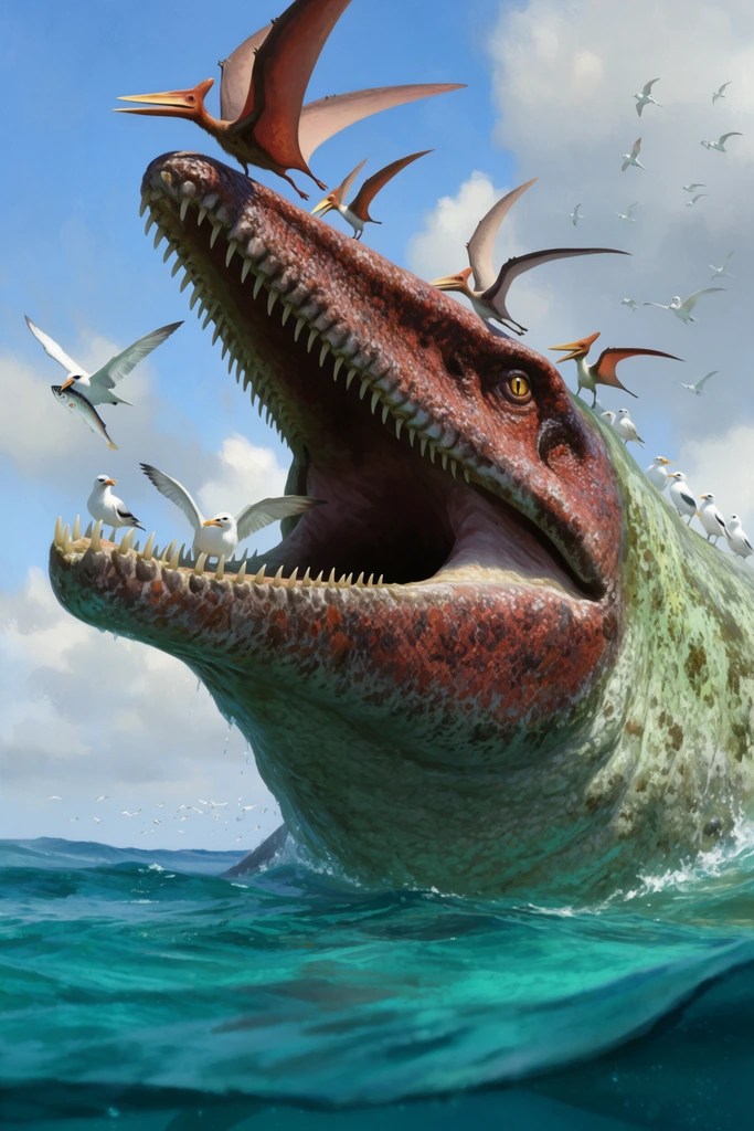 A colossal marine reptile surfaces from a vibrant turquoise ocean with its massive, tooth-lined jaws wide open. The creature features heavily textured skin transitioning from reddish-brown on its head to mottled pale green along its back. Long-crested pterosaurs and small white seabirds perch directly on the reptile's snout, open lower jaw, and back, while one bird flies away carrying a fish. Additional flocks circle against a bright blue sky filled with soft cumulus clouds. The dramatic water-level perspective emphasizes the animal's immense scale, capturing splashing waves and bright cinematic sunlight in a highly detailed realistic digital painting.