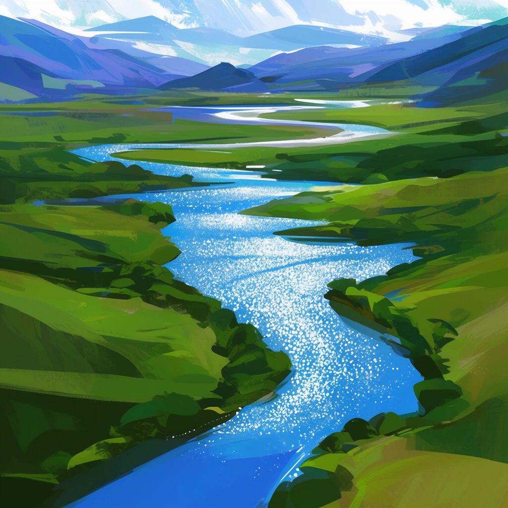 digital landscape painting, bright blue winding river through lush green valley, shimmering stippled water reflections, distant mountains, bold brushstrokes