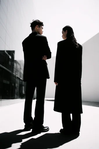 Stark Sculptural Surrealism style reference image — sharp geometric tailoring