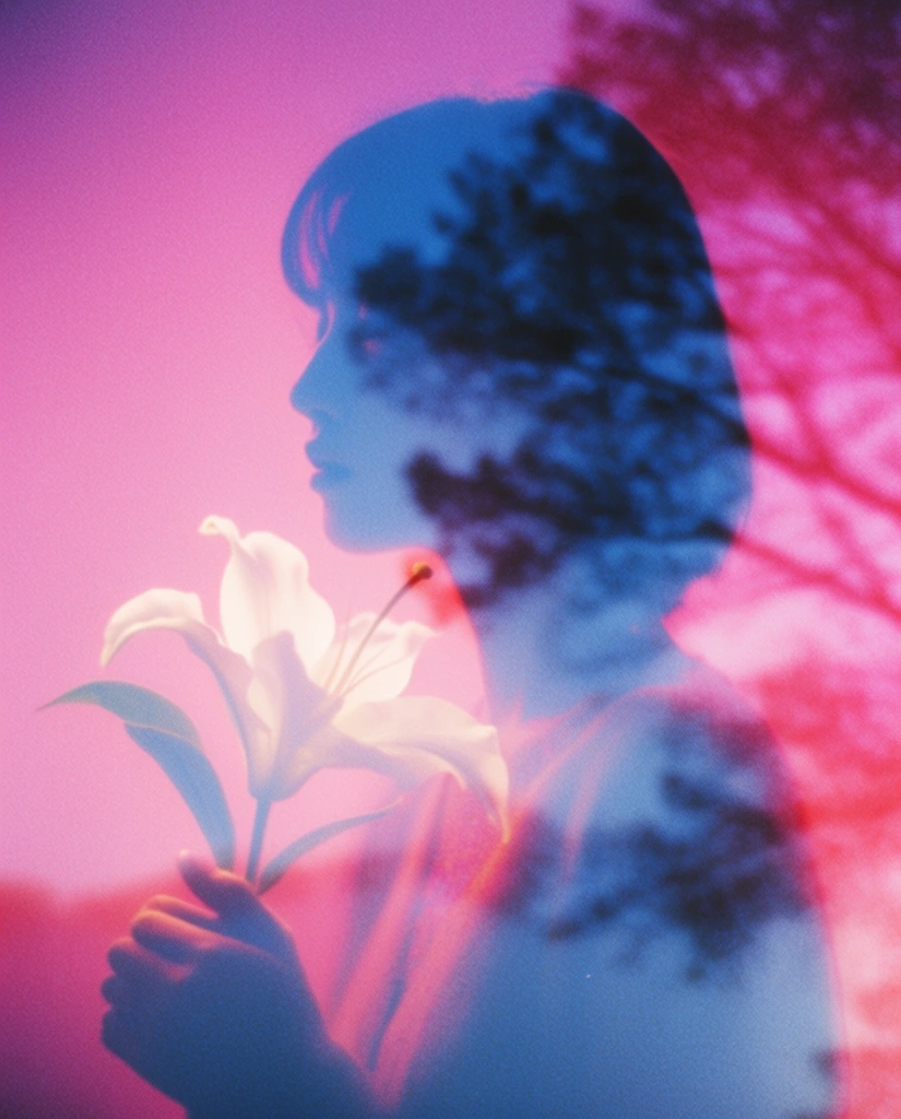 double exposure portrait, silhouette face profile overlaid with dark tree branches, hands holding a white lily, vivid magenta and blue color wash, ethereal dreamy film photography, soft focus, heavy grain