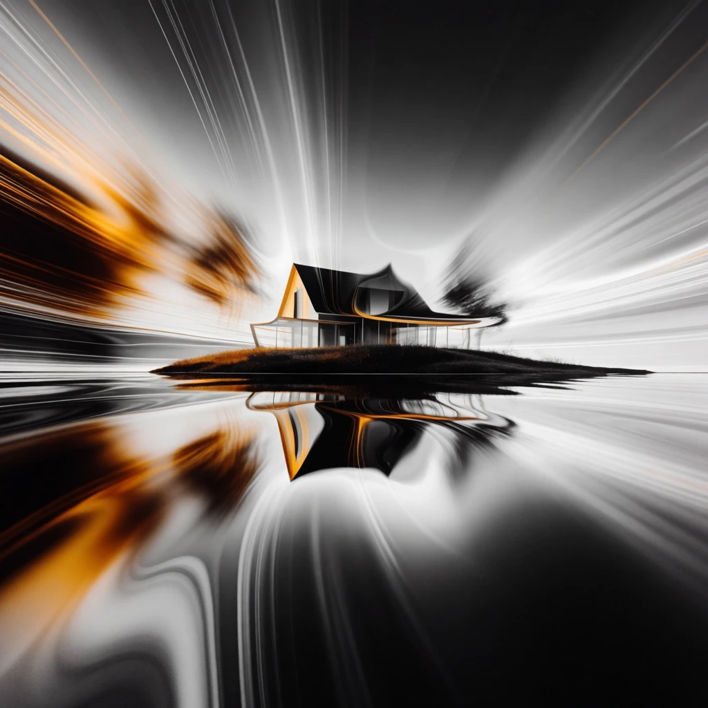 abstract long exposure of a house on land mirrored in water, dynamic light trails, radial motion blur zoom effect, distorted architectural forms, high-contrast monochrome palette with warm amber highlights, sleek liquid-like reflections, fluid leading lines, cinematic atmosphere, glossy surfaces, metallic sheen, vortex composition, wide angle perspective, professional cgi aesthetic, ethereal and fast-paced mood, dramatic shadows, sharp highlights.