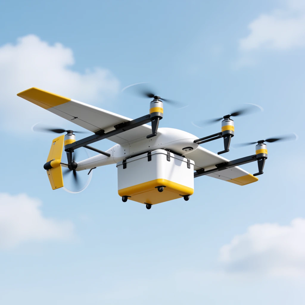 A white and yellow delivery drone flying against a light blue, cloudy sky, it has a fixed-wing design with a rear propeller and multiple smaller upward-facing propellers on outriggers for vertical lift, a white cargo box with a yellow base is attached underneath